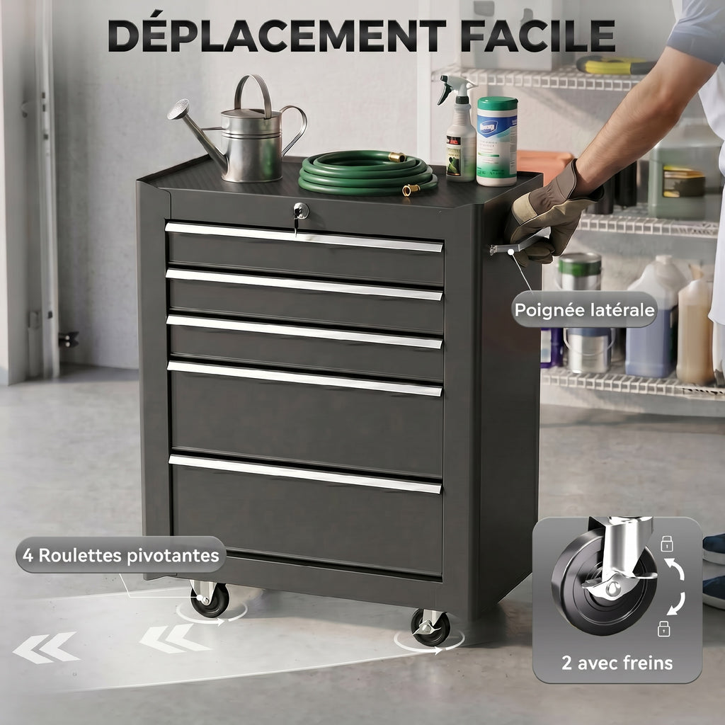 Chariot à outils sur roulettes, Servante d'atelier en acier 5 tiroirs verrouillable 2 clés, 61,5 x 33 x 82,5 cm, noir-5