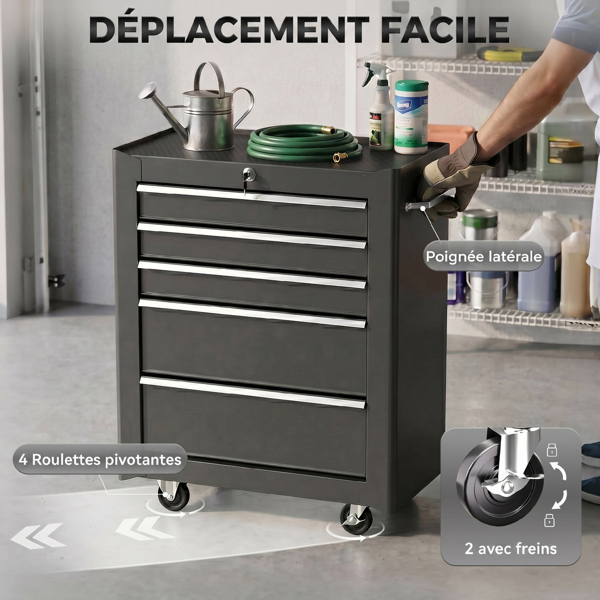 Chariot à outils sur roulettes, Servante d'atelier en acier 5 tiroirs verrouillable 2 clés, 61,5 x 33 x 82,5 cm, noir-5