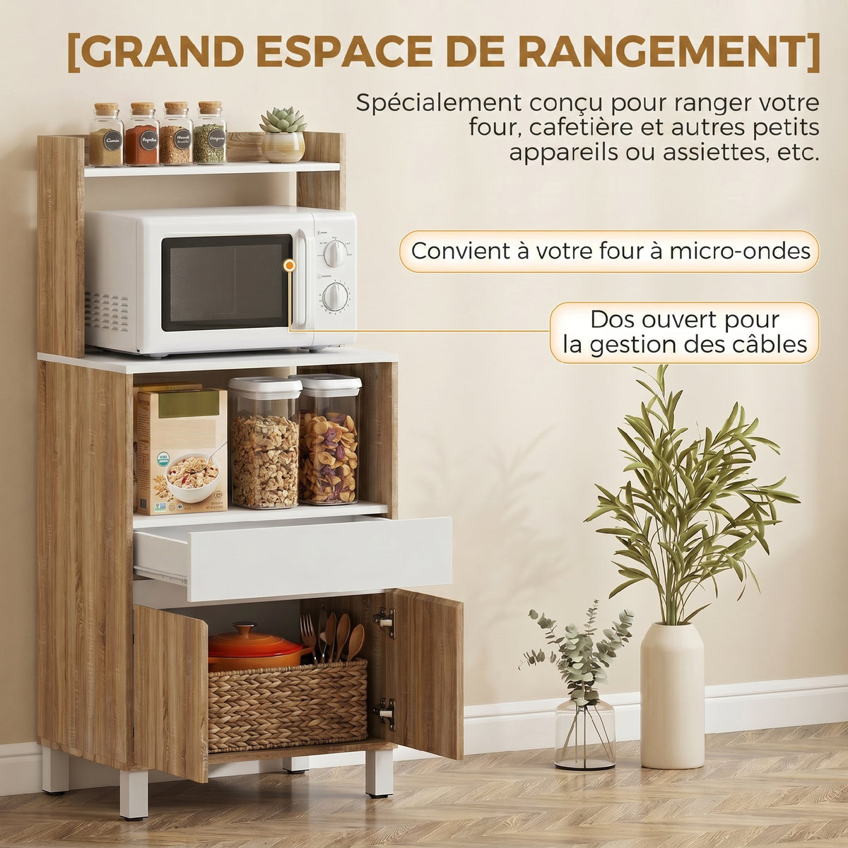 Meuble Micro-Ondes, Buffet Cuisine avec Tiroir, 2 Portes à Fermeture Douce, Plan de Travail et Étagères Ouvertes, Chêne-3