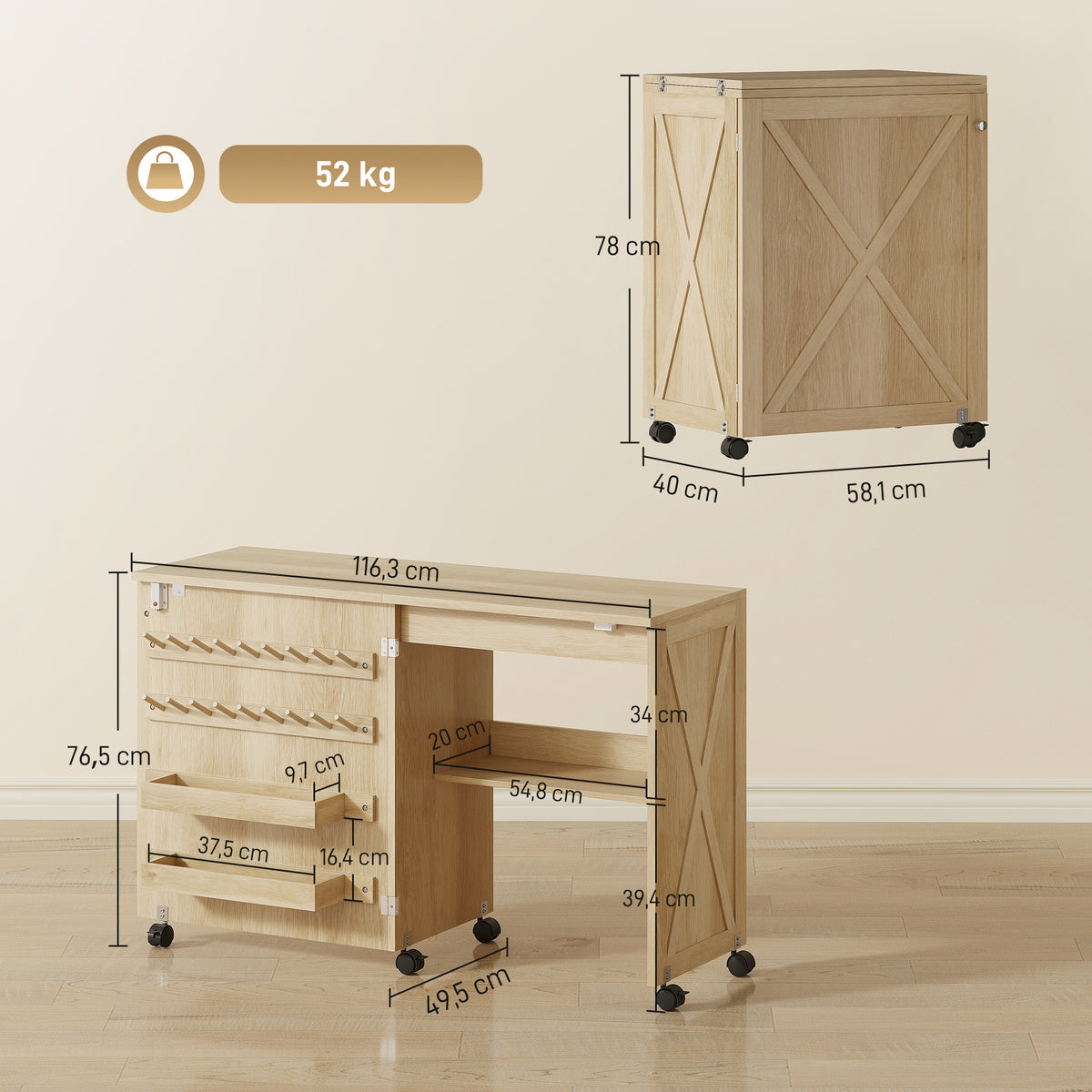 Table de Couture Pliante, Meuble Couture Roulant, Porte Magnétique de Grange, 2 Bacs, Étagère, 18 Chevilles, Naturel-2