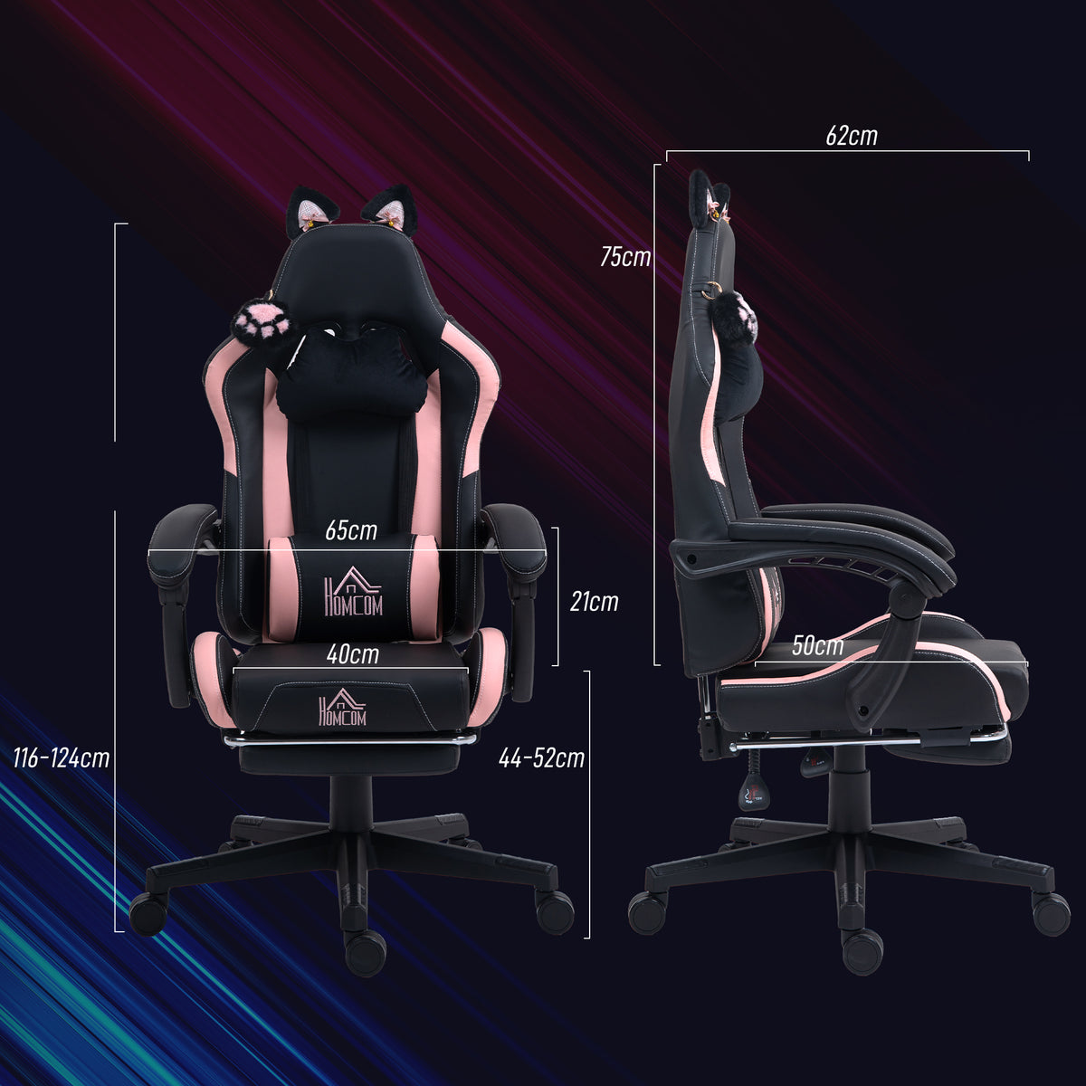 Chaise gaming ergonomique avec Oreilles de Chat, fauteuil gamer avec dossier inclinable, 65 x 62 x 124 cm, noir-2