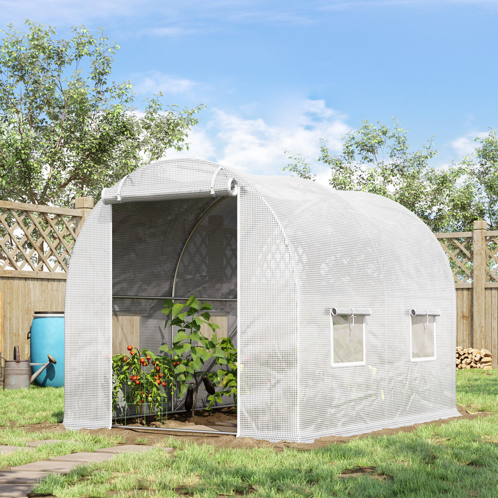 Serre de Jardin Tunnel 6 m² 3L x 2l x 1,9H m Acier galvanisé renforcé diamètre 2,4 cm + PE Haute densité fenêtres Porte Blanc-9