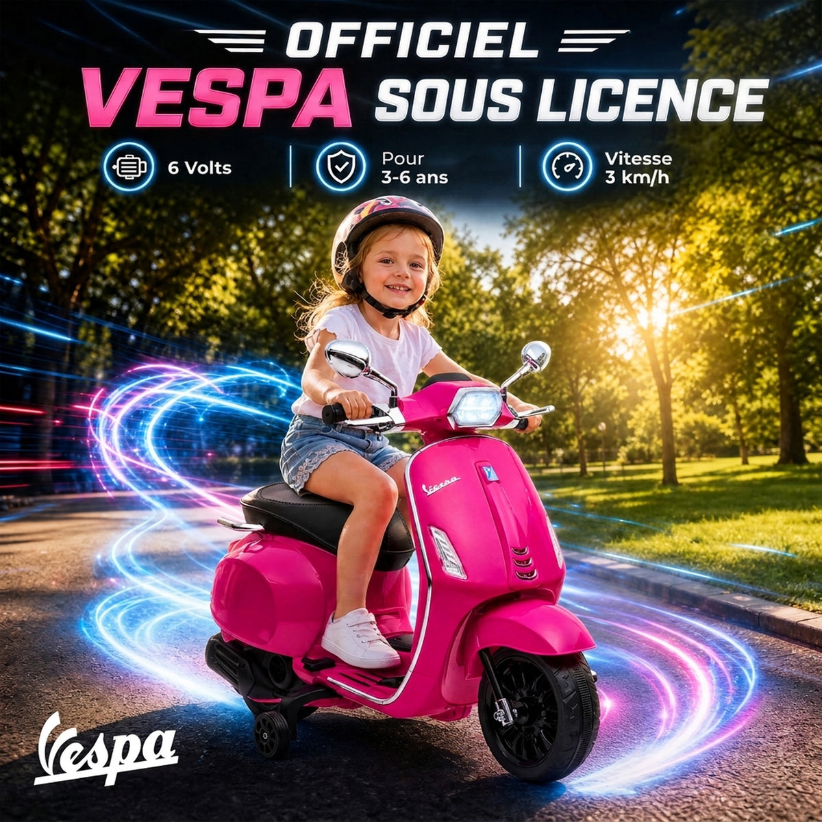 Scooter électrique enfant Vespa 6 V dim. 107L x 47l x 73H cm Musique MP3 Port USB Phare 2 roues d'entraînement - Rose-3