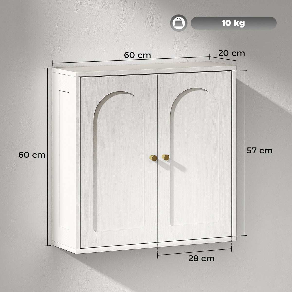 Armoire murale, meuble haut salle de bain moderne avec placard à double porte et poignées dorées, 60x20x60cm, blanc-2