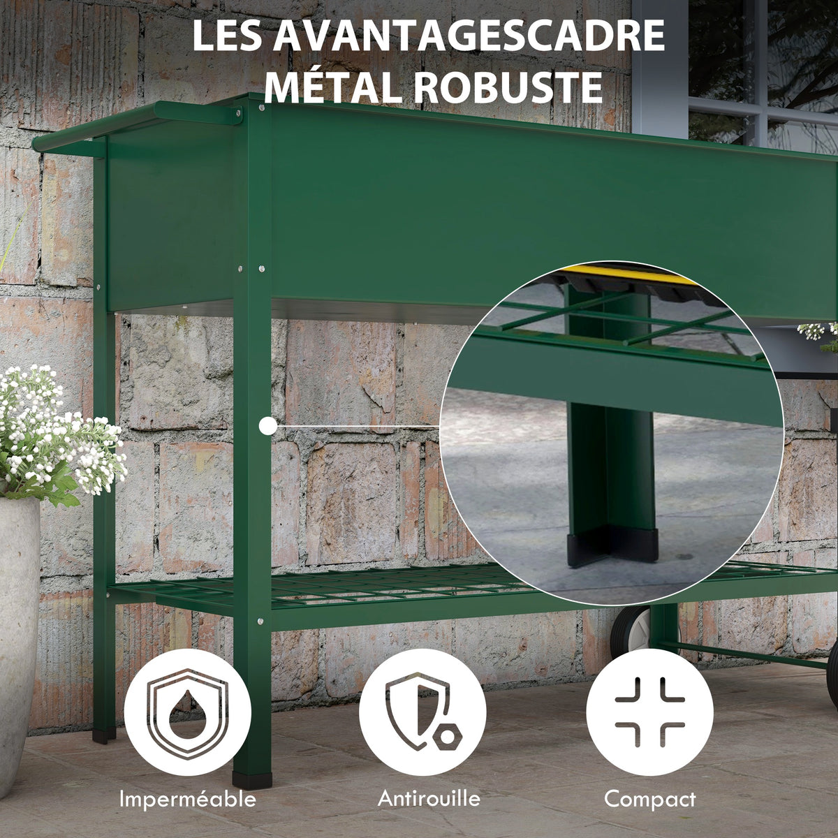 Jardinière sur Pieds Potager dim. 109L x 44l x 80H cm étagère 2 Roues + Insert d'irrigation métal Vert-5