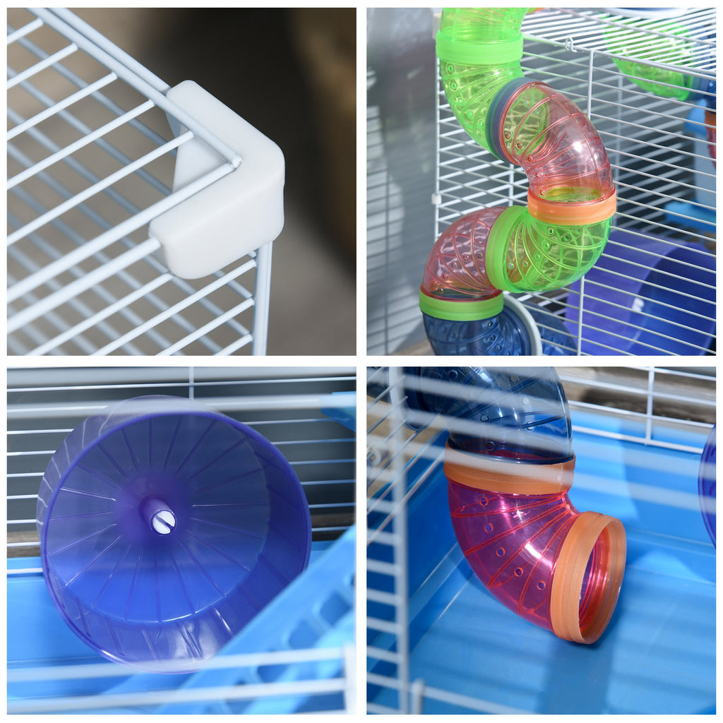 Cage à hamster rongeur 2 niveaux avec tunnel, biberon eau, roue, maisonnette, échelles dim. 46L x 30l x 37H cm, bleu-7