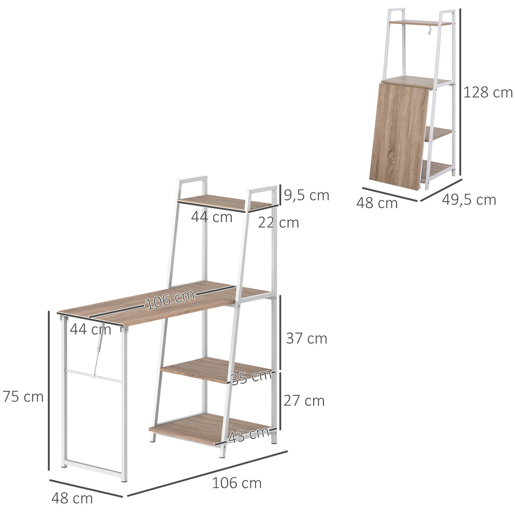 Bureau Pliable Rabattable - Bureau bibliothèque 2 en 1-4 étagères - Imitation Bois chêne Clair métal Blanc-2
