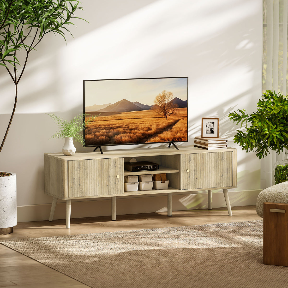 Meuble TV, meuble télé jusqu'à 65 pouces avec 2 portes, 2 compartiments ouverts, étagère réglable, 140x35x49cm, chêne-1