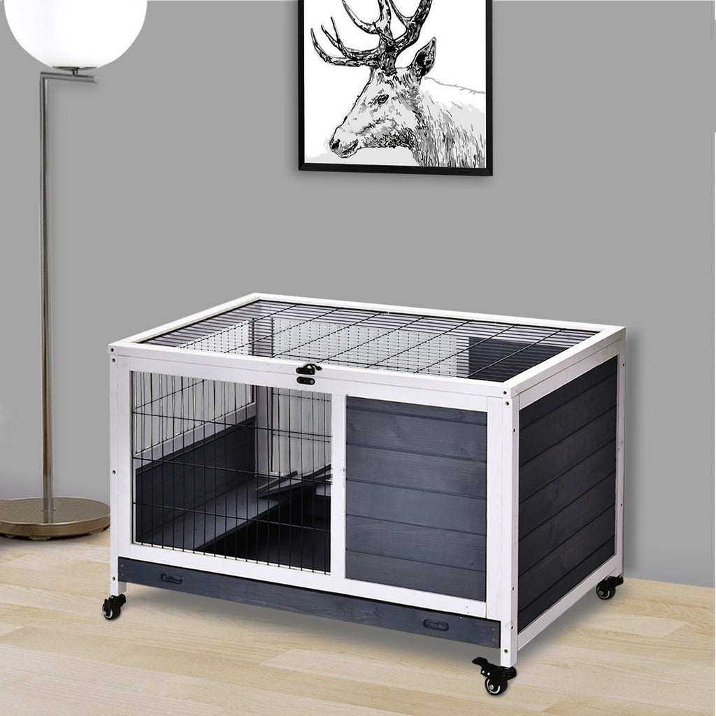 Clapier lapin intérieur, cage à lapins avec toit ouvrant, roulettes, plateau amovible et rampe, cage en bois, 90 x 53 x 59 cm, gris foncé et blanc-9