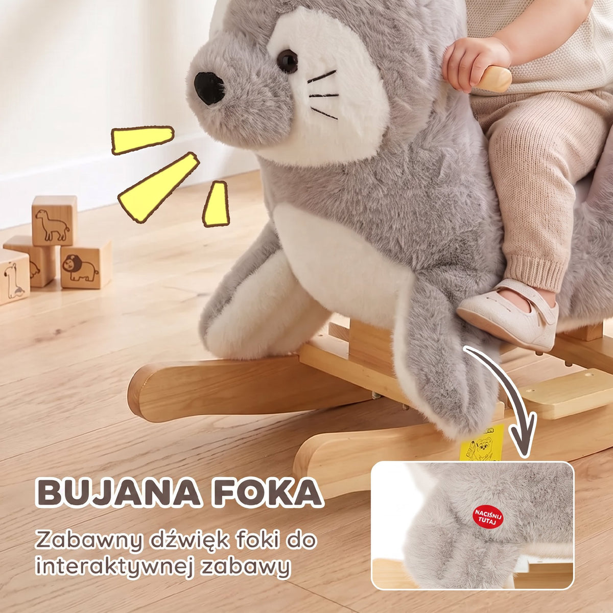 Cheval à bascule pour Enfants, Phoque à Bascule en Peluche, Sons Réalistes, Ceinture et Butées Anti-Basculement, Gris-3