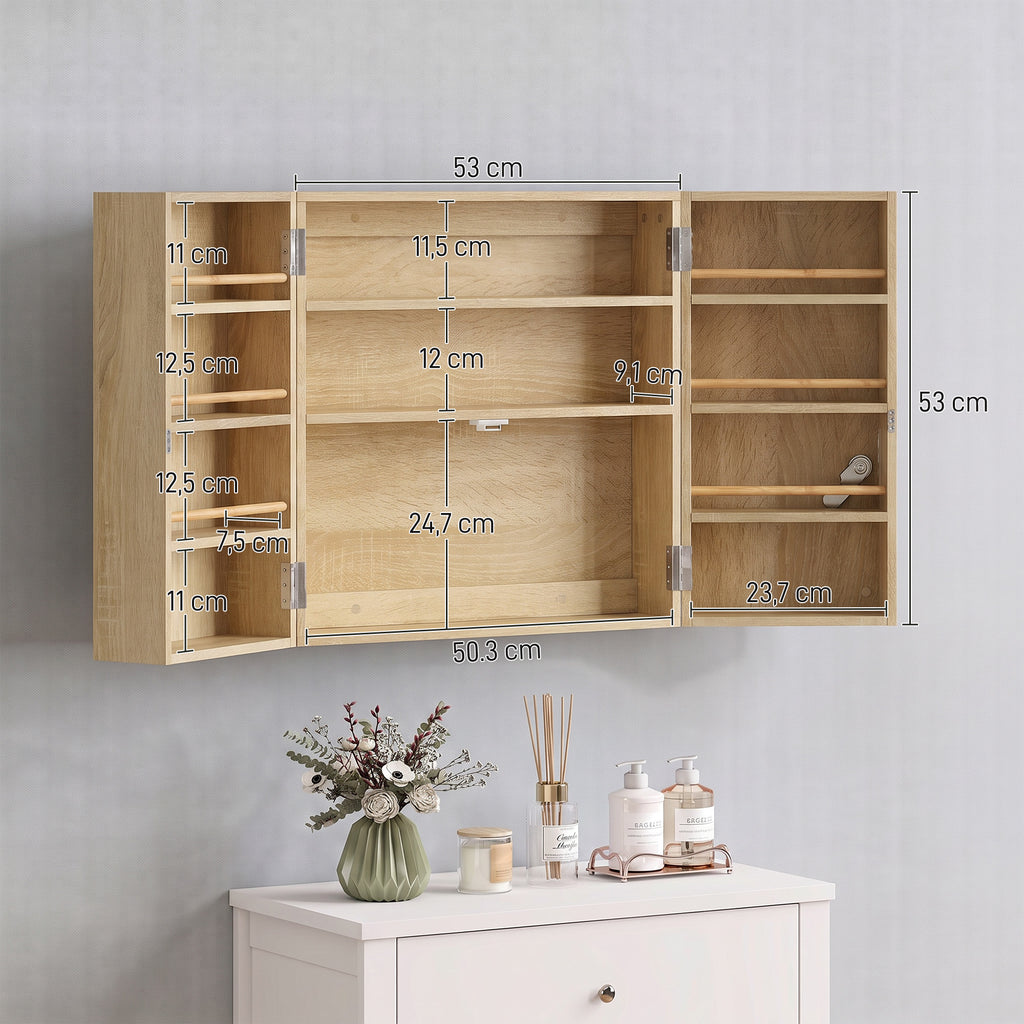 Armoire à pharmacie murale, armoire à médicaments avec double porte verrouillable 2 clés, 53x20x53cm, chêne-2