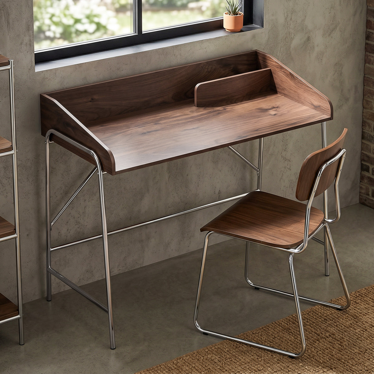 Bureau, bureau d'ordinateur 109 cm avec rebord de sécurité et structure en métal, noyer-1