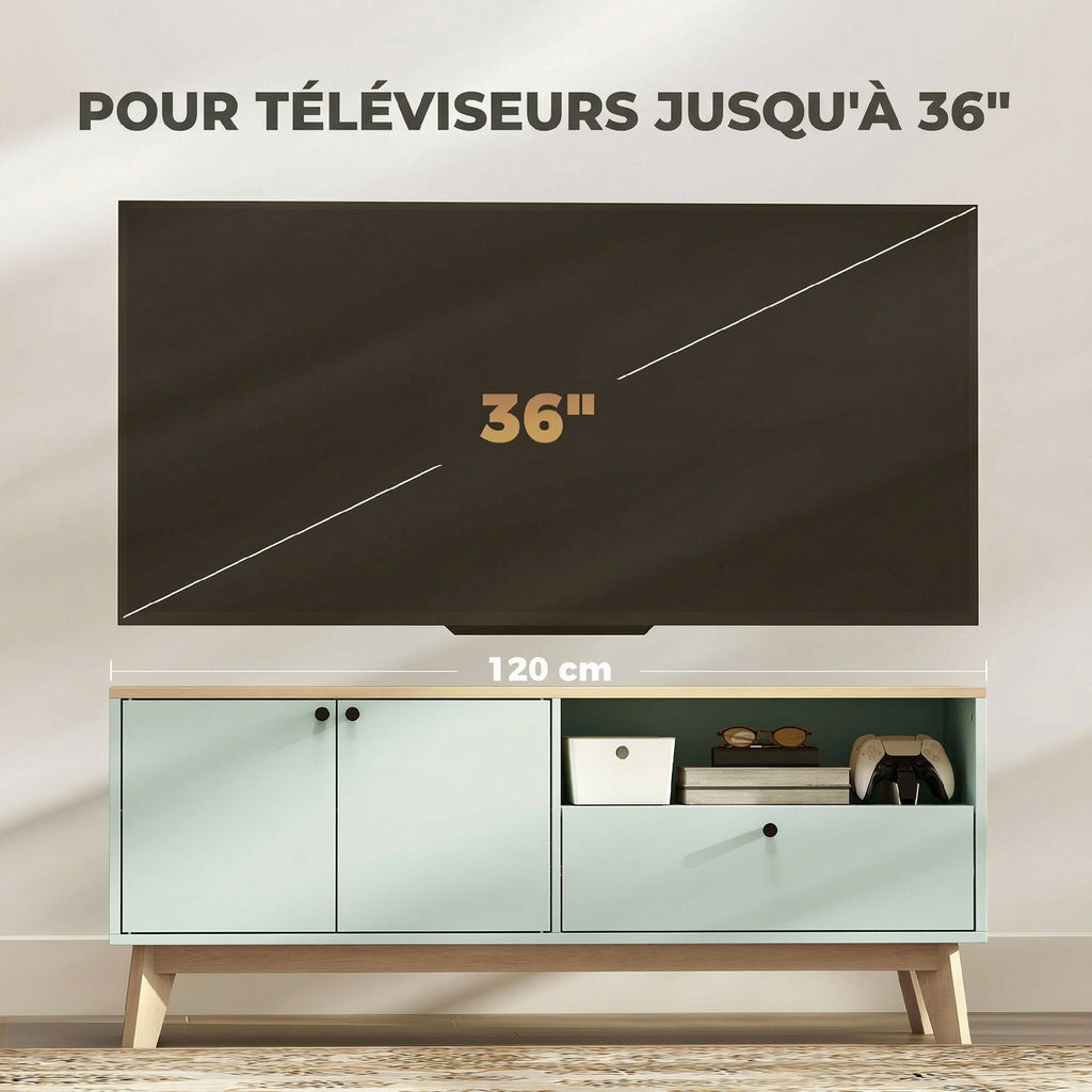 Meuble TV 120 cm, meuble télé pour téléviseur jusqu'à 36 pouces avec 2 portes, tiroir, compartiment ouvert, vert clair-6