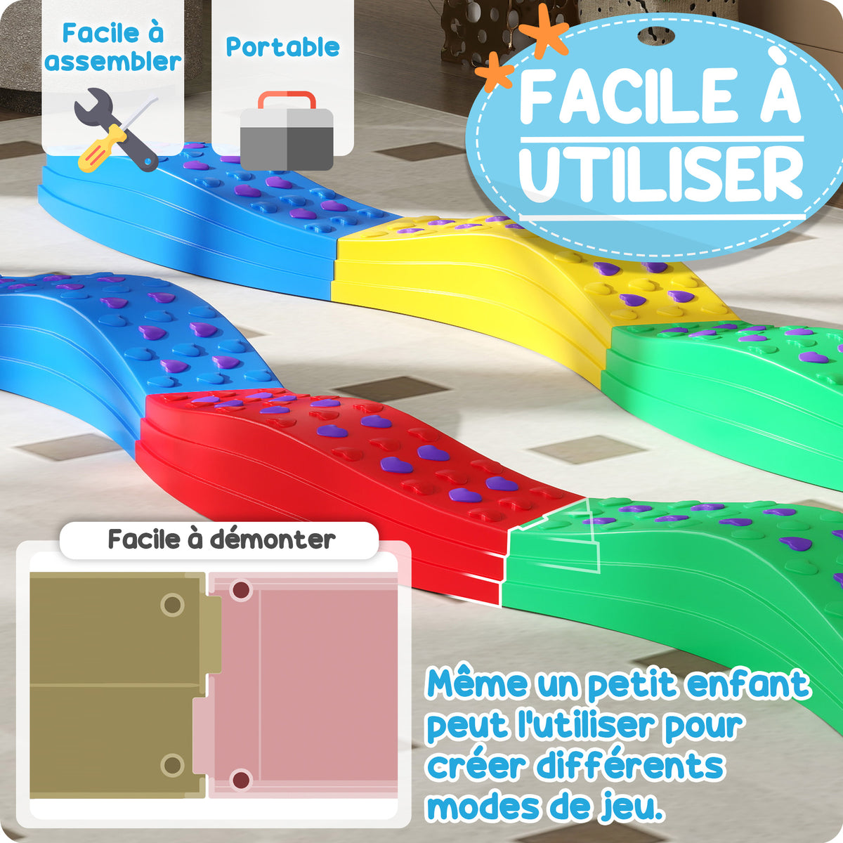 Poutre d'équilibre pour enfants 8 pierres de pas ondulées avec surface exturée antidérapante et tapis de fond-4