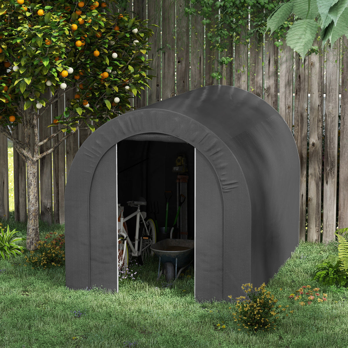 Abri de jardin tente de rangement extérieur abri de vélo garage pour vélo bâche en PE métal 2,4 x 1,8 x 1,9 m gris foncé-1