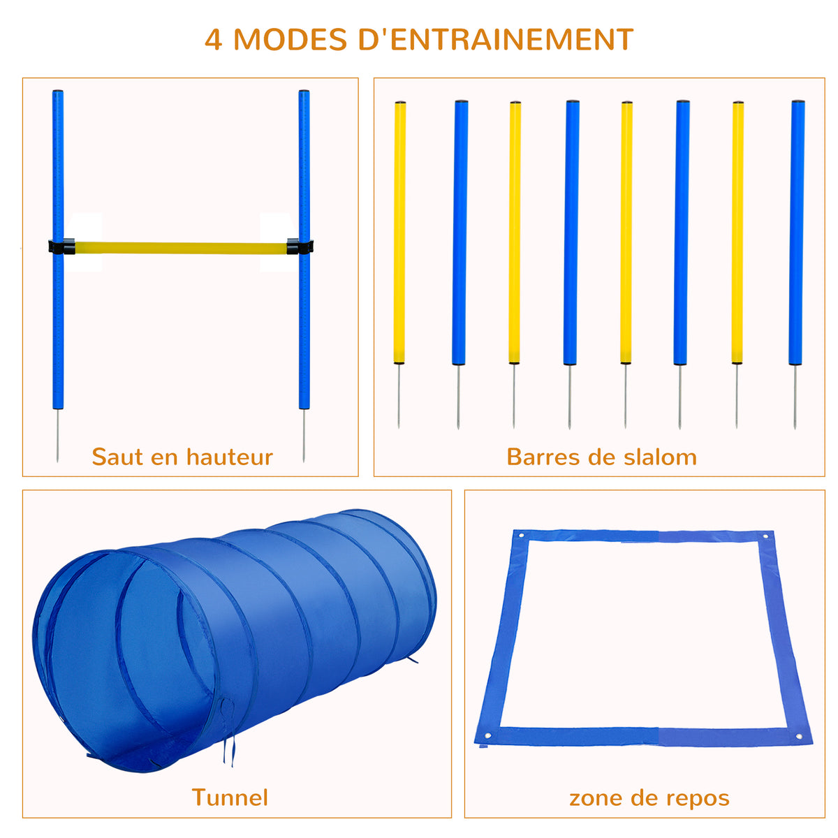 Agility sport pour chiens équipement complet obstacle, tunnel, slalom, zone repos + sac de transport bleu jaune-3