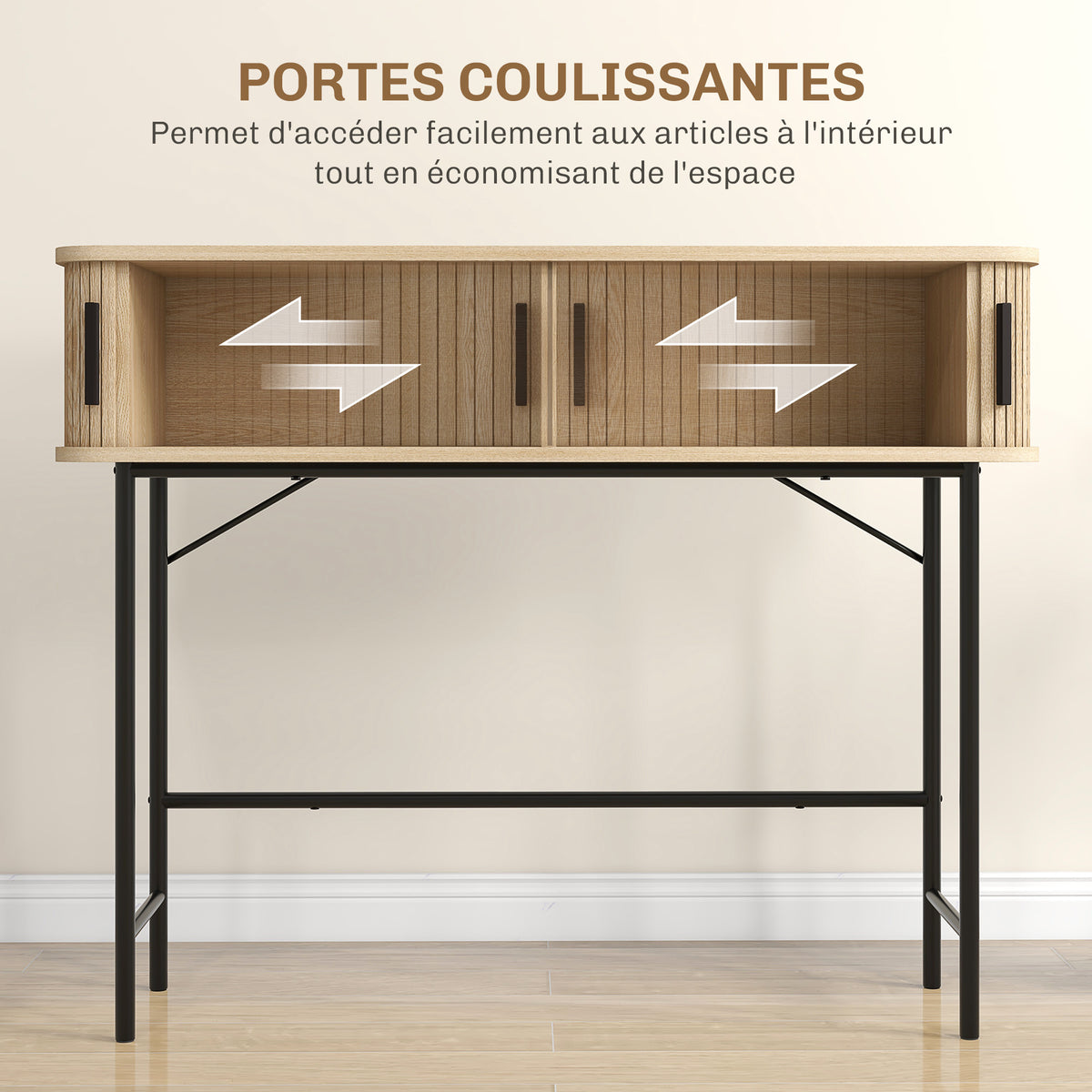 Console meuble, table console avec portes coulissantes à lattes et pieds en acier, pour salon, chêne et noir-4