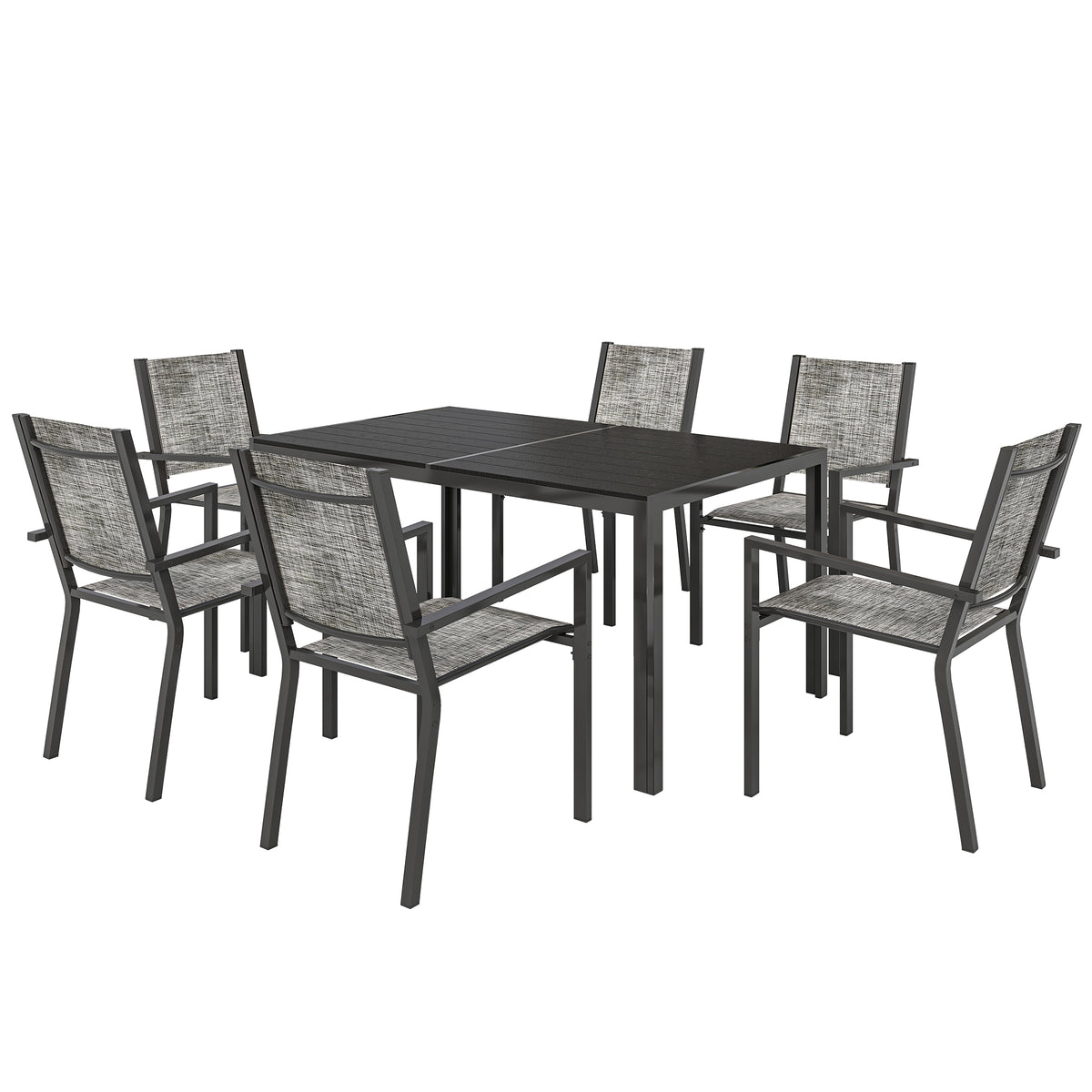 Table de jardin extérieure avec 6 chaises empilables, plateau à lattes 150 cm, structure en acier anti-rouille, noir-0
