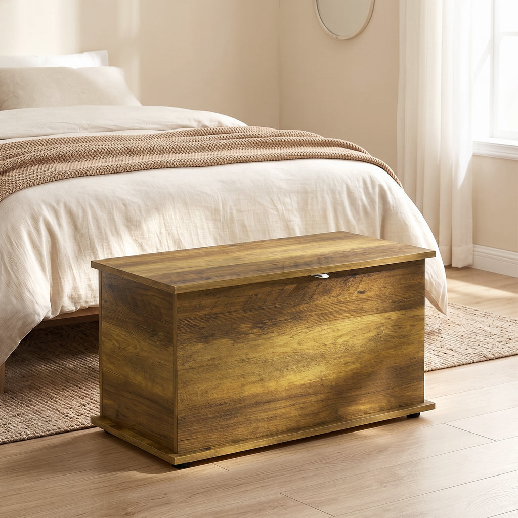 Coffre de Rangement, Banc de Rangement avec Couvercle Rabattable et Charnières de Sécurité, 80 x 40 x 45 cm, Marron-1