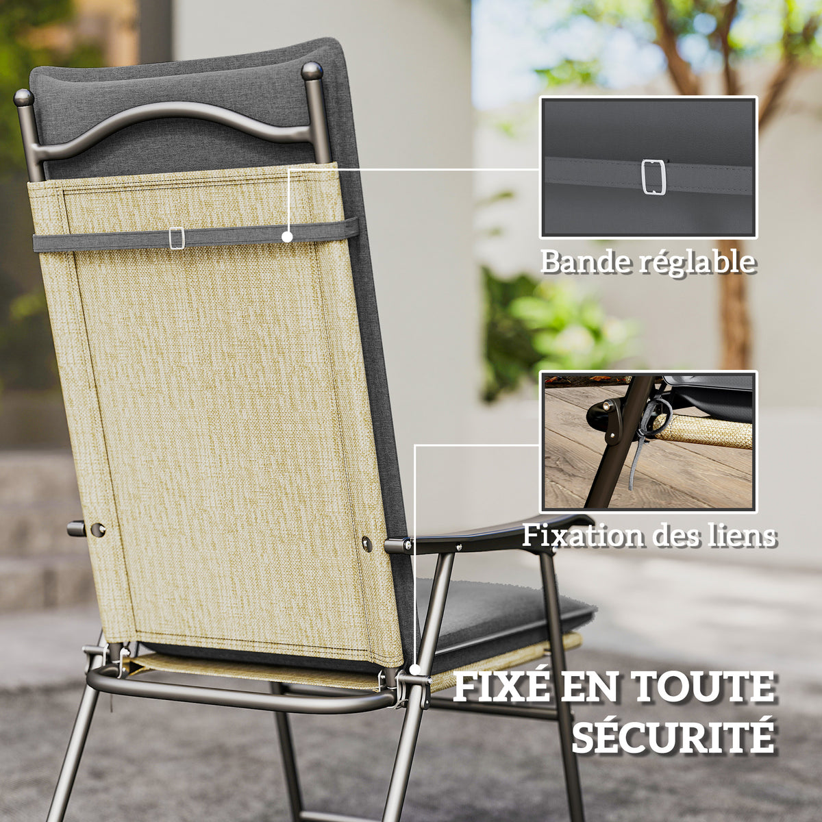 Lot de 4 coussins de chaise extérieur avec attaches et bande réglable, anti-décoloration UPF50+, 124x50x5cm, gris-5