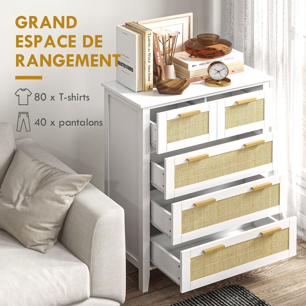 Commode 5 tiroirs poignées en bois massif glissières en métal pour bureau salon chambre à coucher 77 x 37 x 104 cm blanc-3