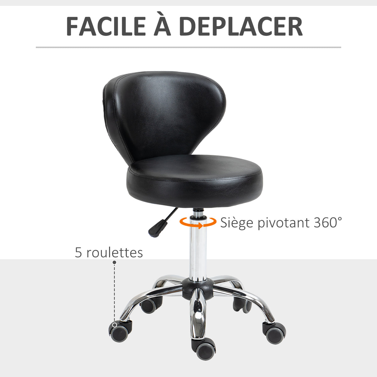 Tabouret à roulettes, tabouret de massage en PU avec hauteur réglable 73-88cm et dossier, chaise de travail pivotant 360°, cadre en acier, pour salon de massage, tatouage, clinique, spa, noir-5