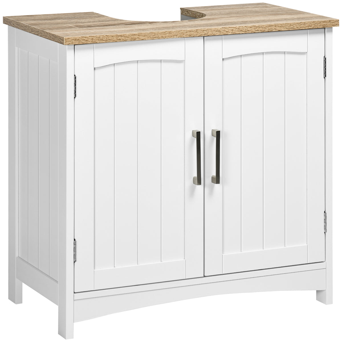 Meuble salle de bain sous lavabo à double portes avec étagères réglables, blanc et bois naturel-0