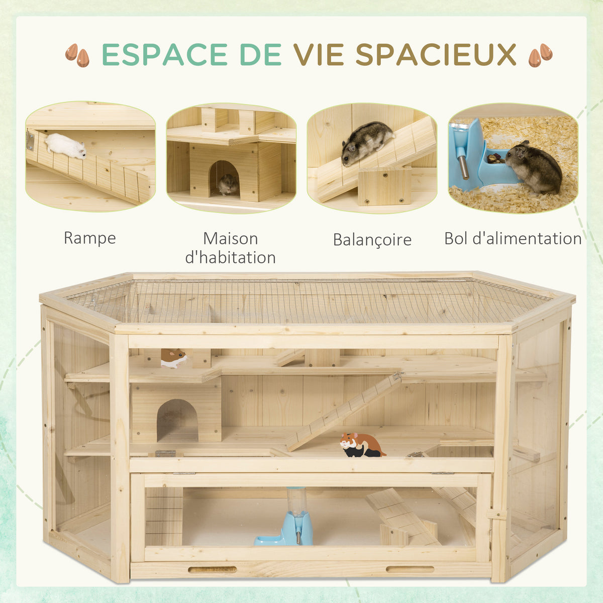 Cage à hamster à 3 niveaux bascules, fenêtres, cabanes, plateau coulissant, 115 x 60 x 55 cm, effet bois naturel-5