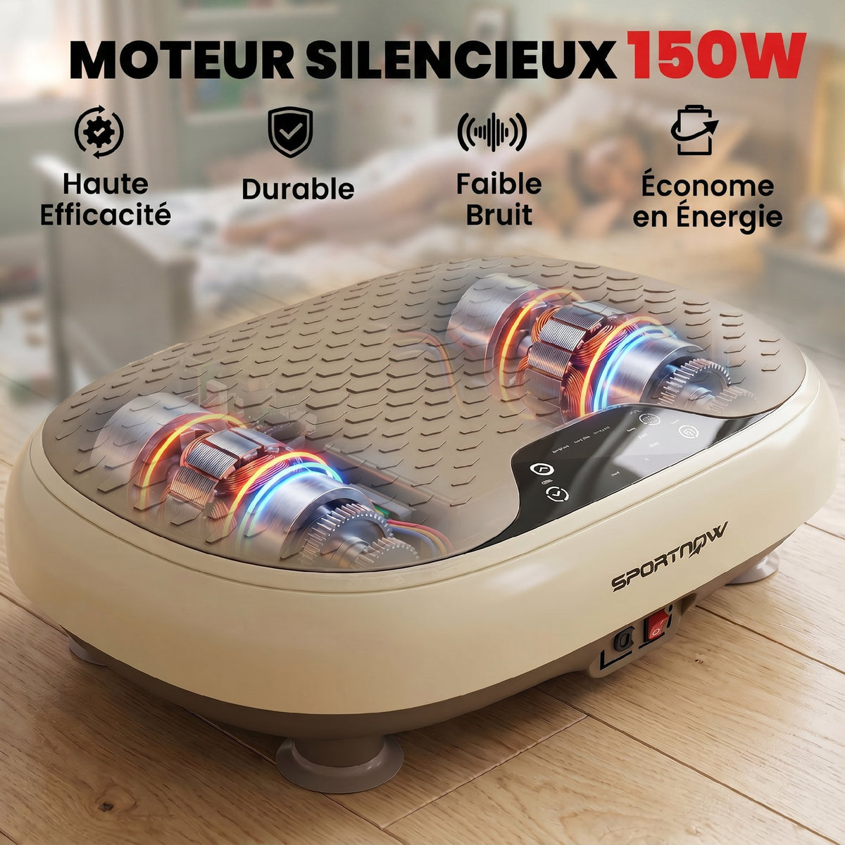 Plateforme Vibrante, 20 Niveaux de Vitesse, 3 Programmes, Écran LED et Télécommande, 46 x 33 x 13,5 cm, Beige-3