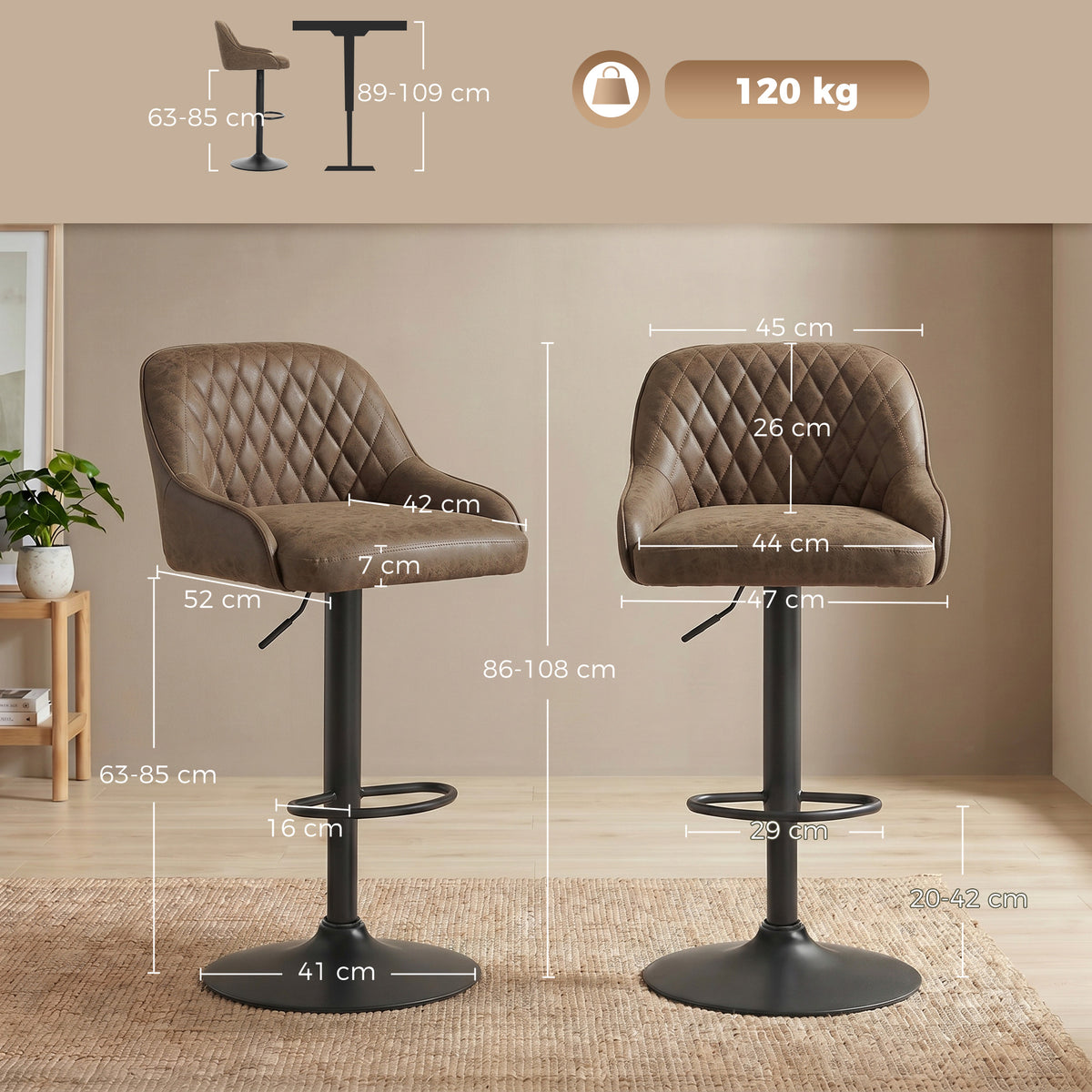 Lot de 2 Tabourets de Bar, Tabourets Hauts Cuisine avec Siège Pivotant et Hauteur Réglable, Marron Foncé-2
