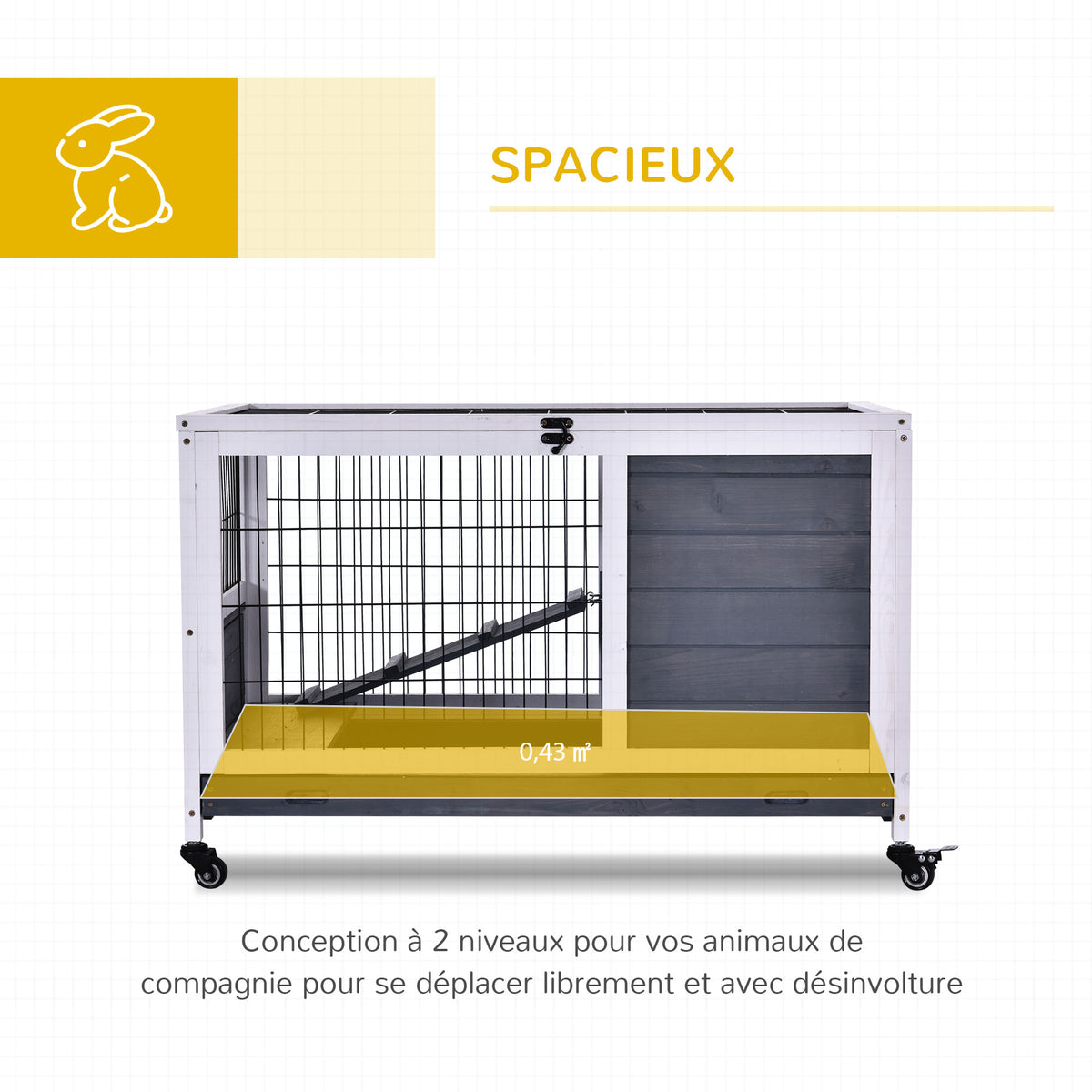 Clapier lapin intérieur, cage à lapins avec toit ouvrant, roulettes, plateau amovible et rampe, cage en bois, 90 x 53 x 59 cm, gris foncé et blanc-3