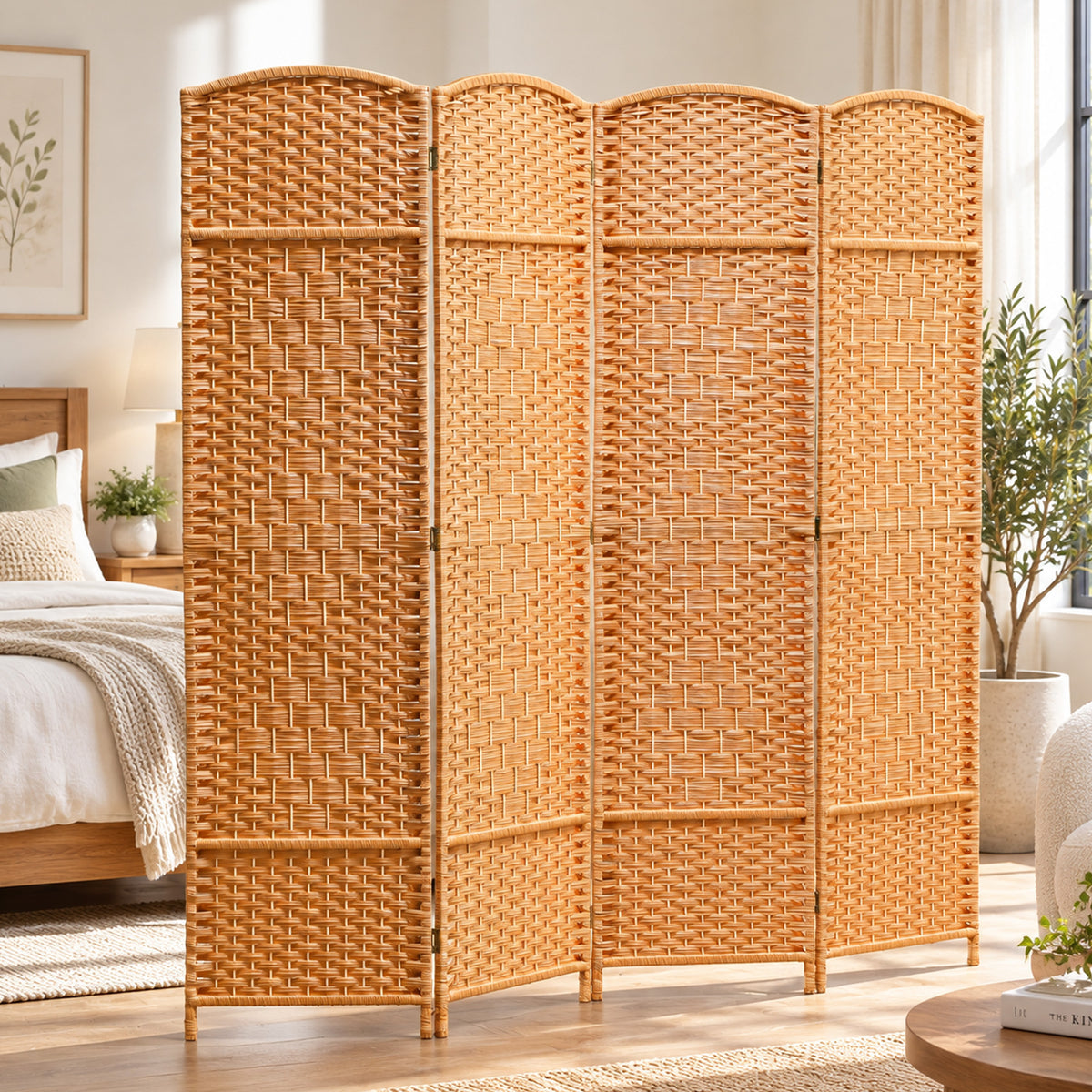 Paravent intérieur en bois 4 panneaux séparateur de pièce pliable pour salon chambre 180 x 180 cm brun clair-1