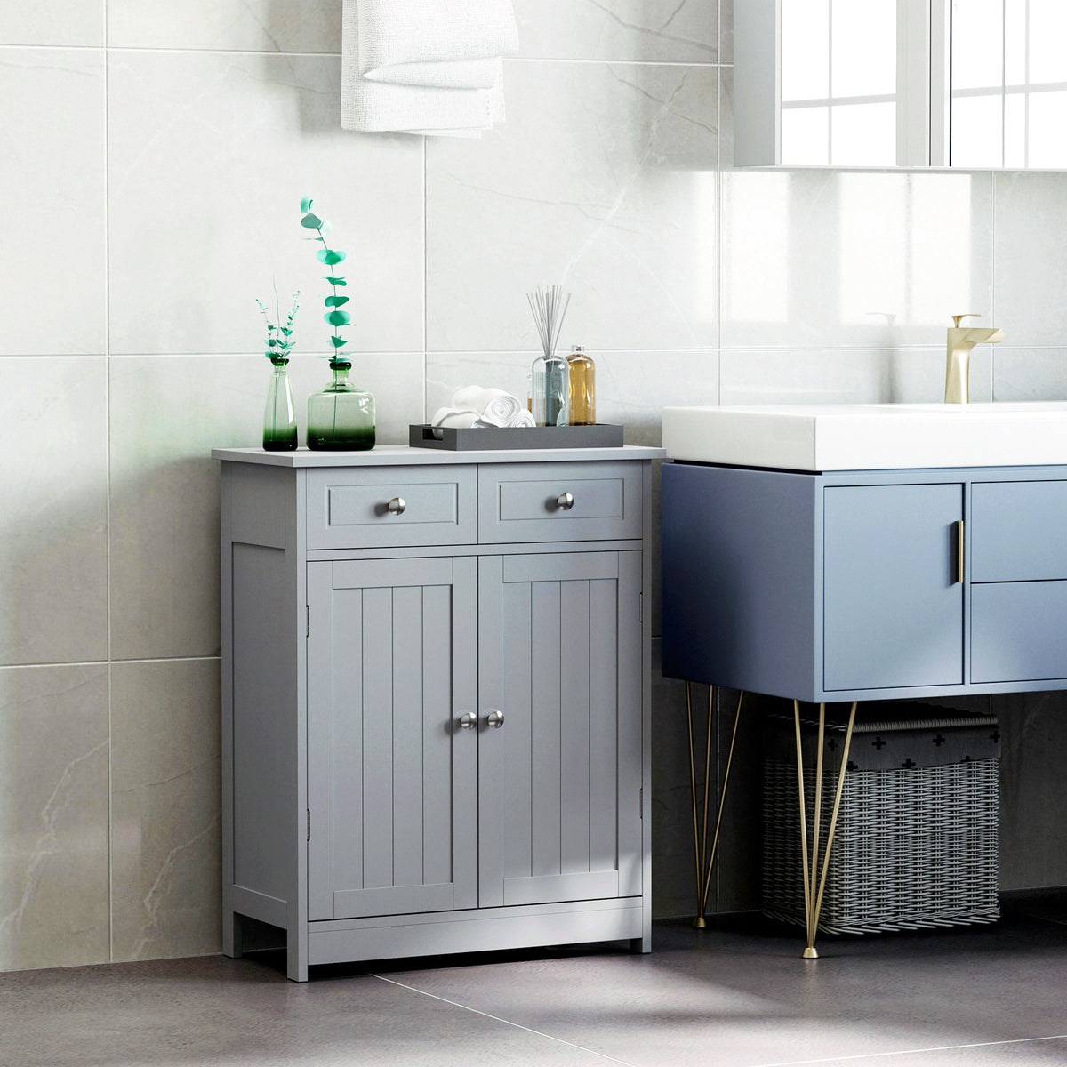 Meuble de salle de bain meuble de rangement 2 tiroirs placard double porte et étagère réglable 60 x 30 x 75 cm gris-1