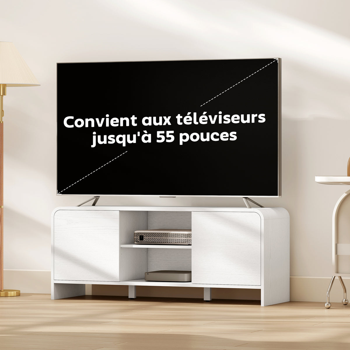 Meuble TV meuble télé pour téléviseur jusqu'à 55 pouces 2 portes 2 compartiments étagère réglable 110x35x45cm blanc-3
