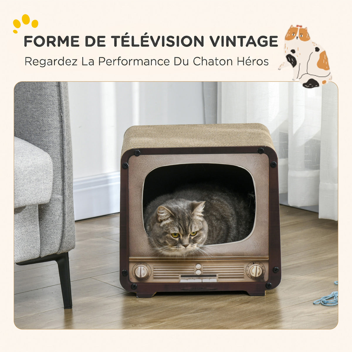 Griffoir pour Chat 2 en 1 en Forme de Téléviseur, Maison et Tapis à Griffer en Carton Ondulé, 39x29x37cm, Marron-4