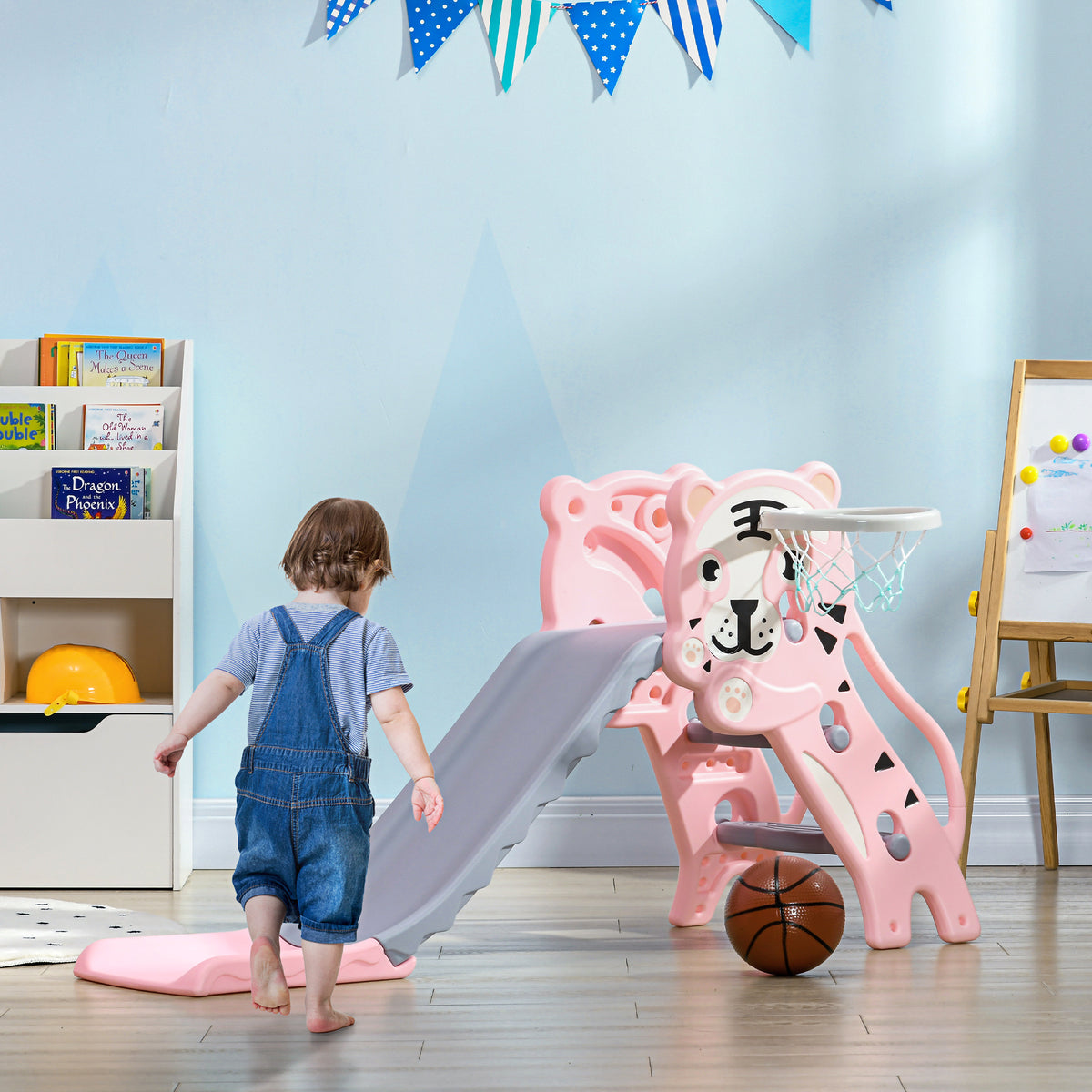 Toboggan pour enfants, toboggan intérieur pour enfants, avec panier de basket, thème tigre, de 18 à 36 mois, rose-1