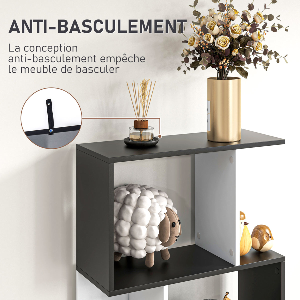 Bibliothèque à 5 niveaux, meuble de rangement en forme de S avec étagères, étagère de rangement pour salon, chambre bureau, 60 x 24 x 184,5 cm, noir, blanc-5