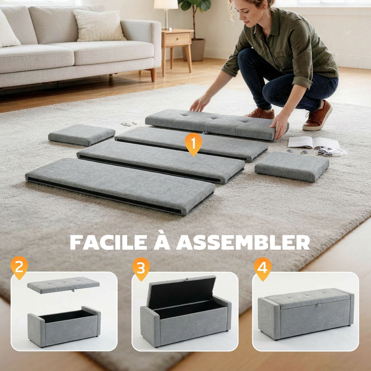 Banc de rangement, bout de lit, repose-pieds rembourré en lin avec assise large, 122 x 48 x 44 cm, gris clair-7