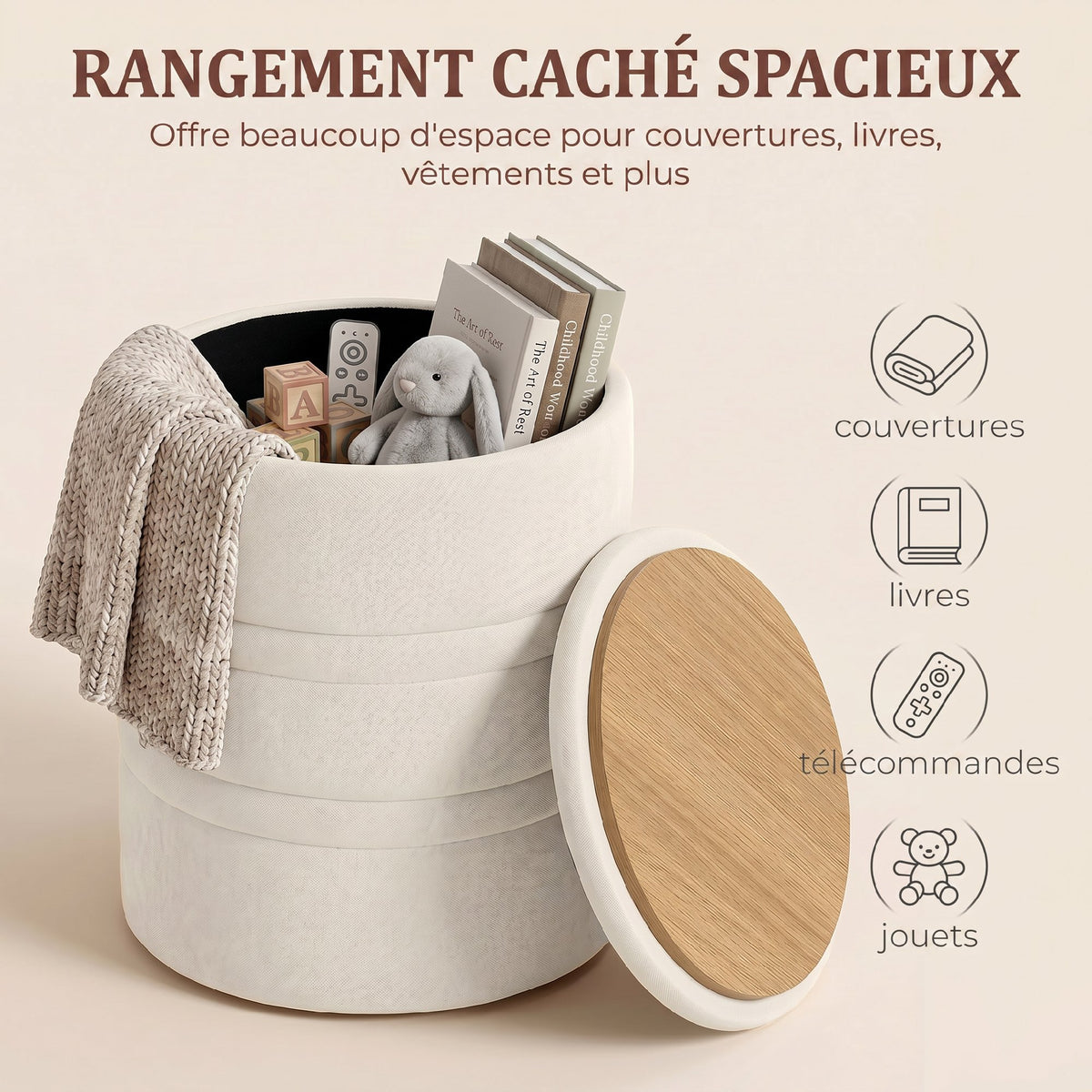 Pouf de Rangement en Chenille avec Couvercle, Tabouret Rond pour Salon et Chambre, Beige-4