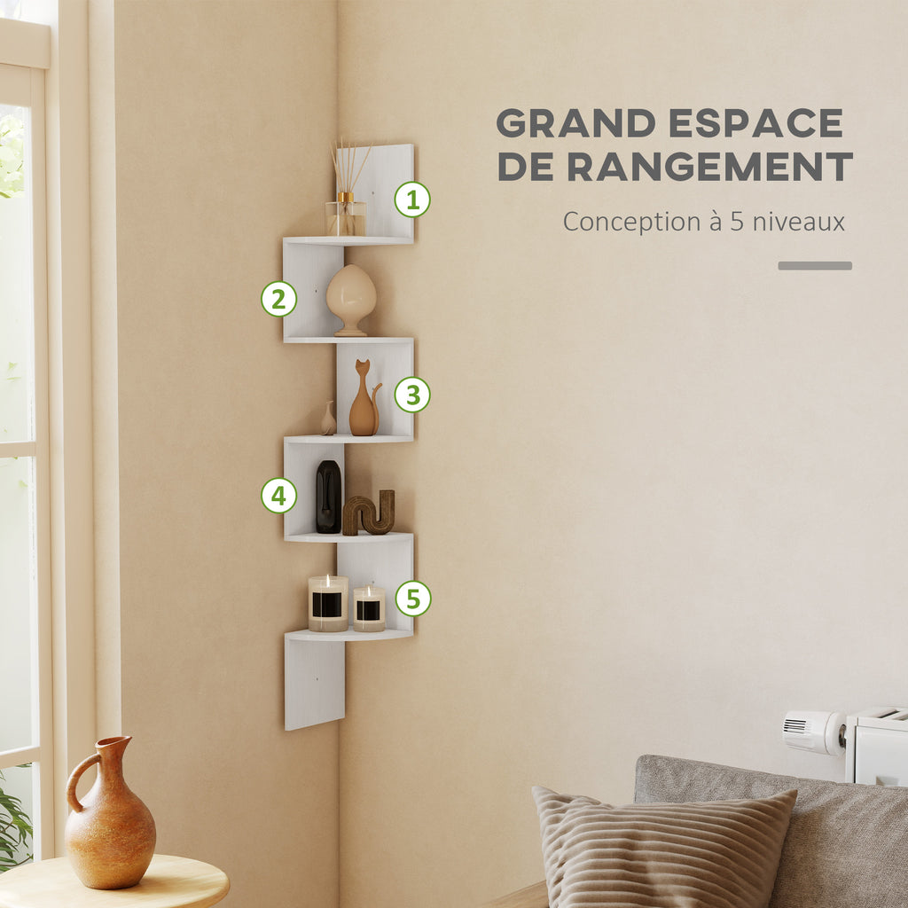 Étagère d'angle Murale de Rangement Forme Zigzag 20L x 20l x 126H cm 5 Niveaux Bois Blanche-4