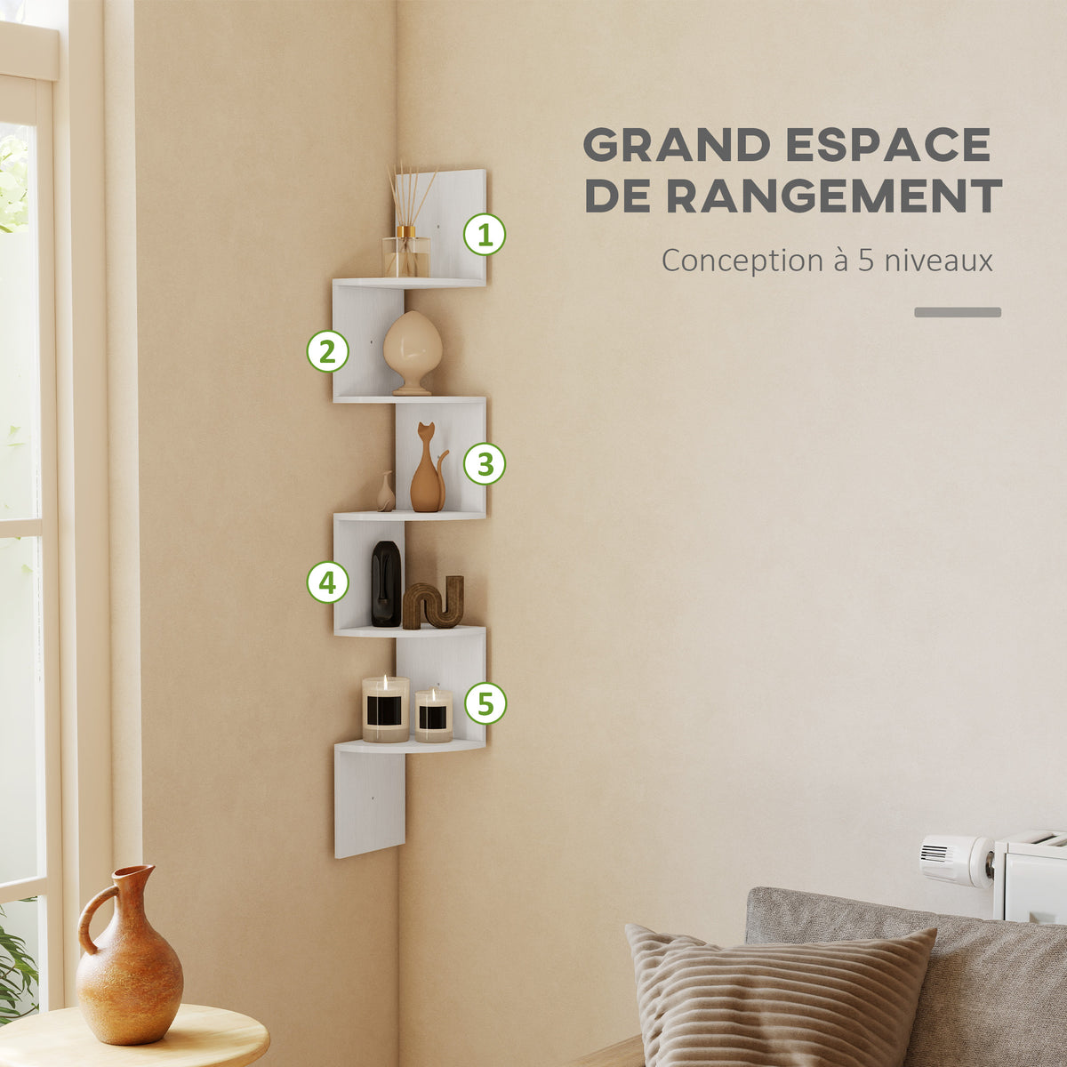 Étagère d'angle Murale de Rangement Forme Zigzag 20L x 20l x 126H cm 5 Niveaux Bois Blanche-4