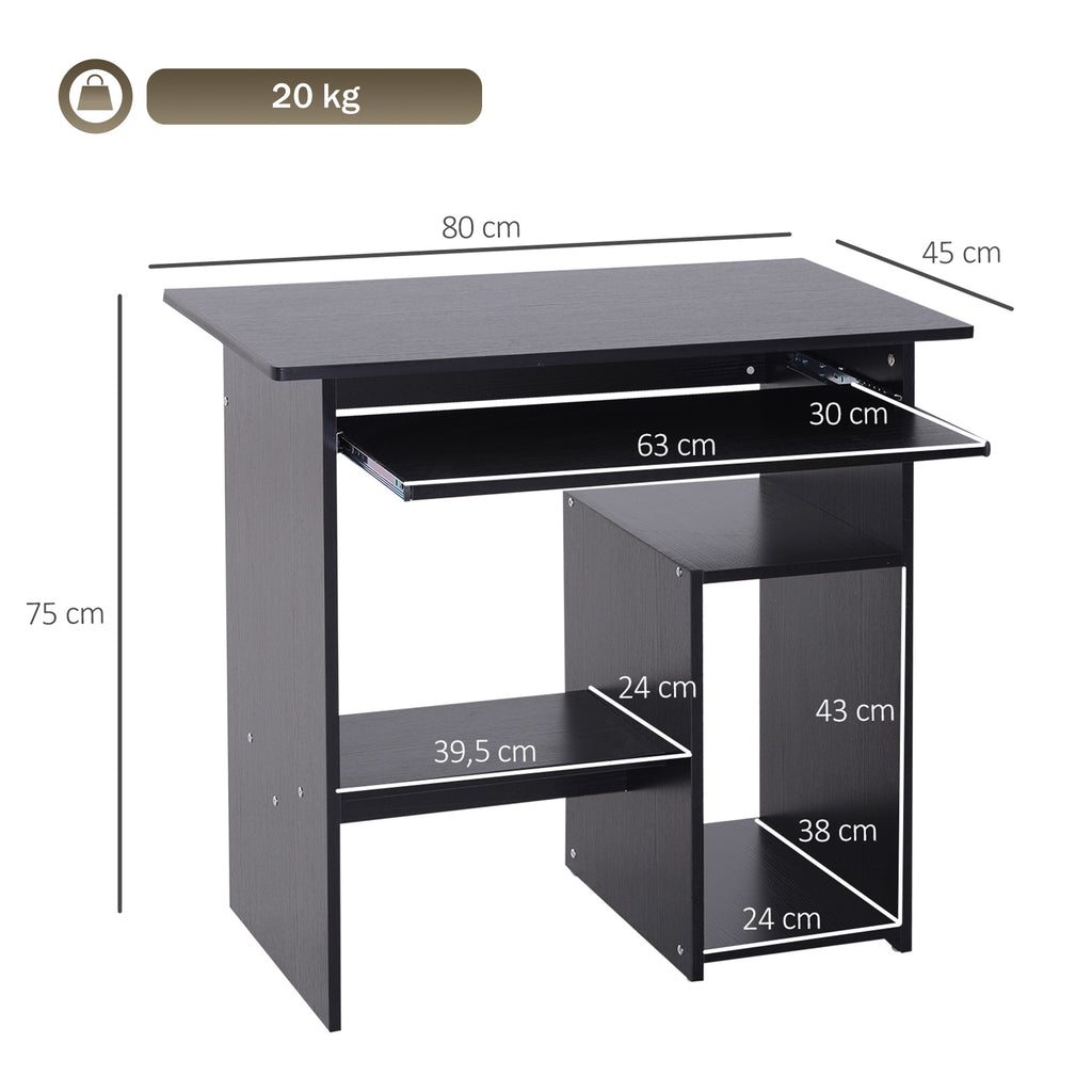 Bureau d'ordinateur, bureau avec rangement, plateau pour clavier et support de moniteur, 80 x 45 x 75 cm, noir-2