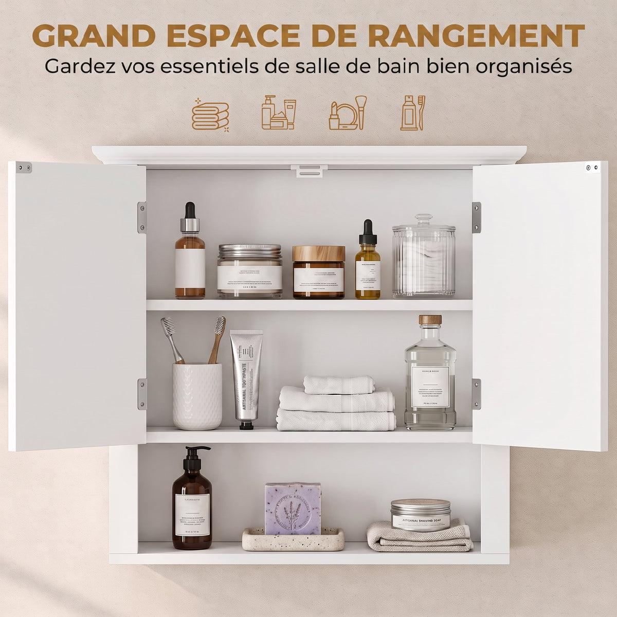 Armoire Haute Murale de Salle de Bain ou WC Placard 2 Portes 2 étagères Niche dim. 60L x 20l x 58H cm MDF Panneaux Particules Blanc-3