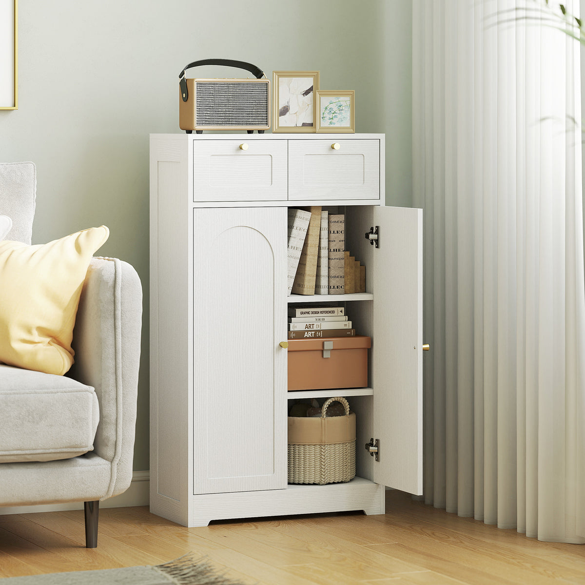 Meuble de salle de bain meuble de rangement avec 2 tiroirs double porte arquée étagères réglables 60x30x108cm blanc-7