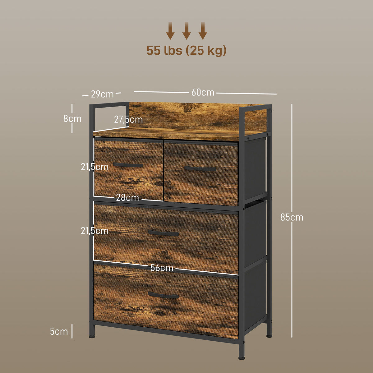 Meuble de rangement style industriel commode 4 tiroirs en tissu pliables et amovibles et 1 étagère - 60 x 29 x 85 cm-2