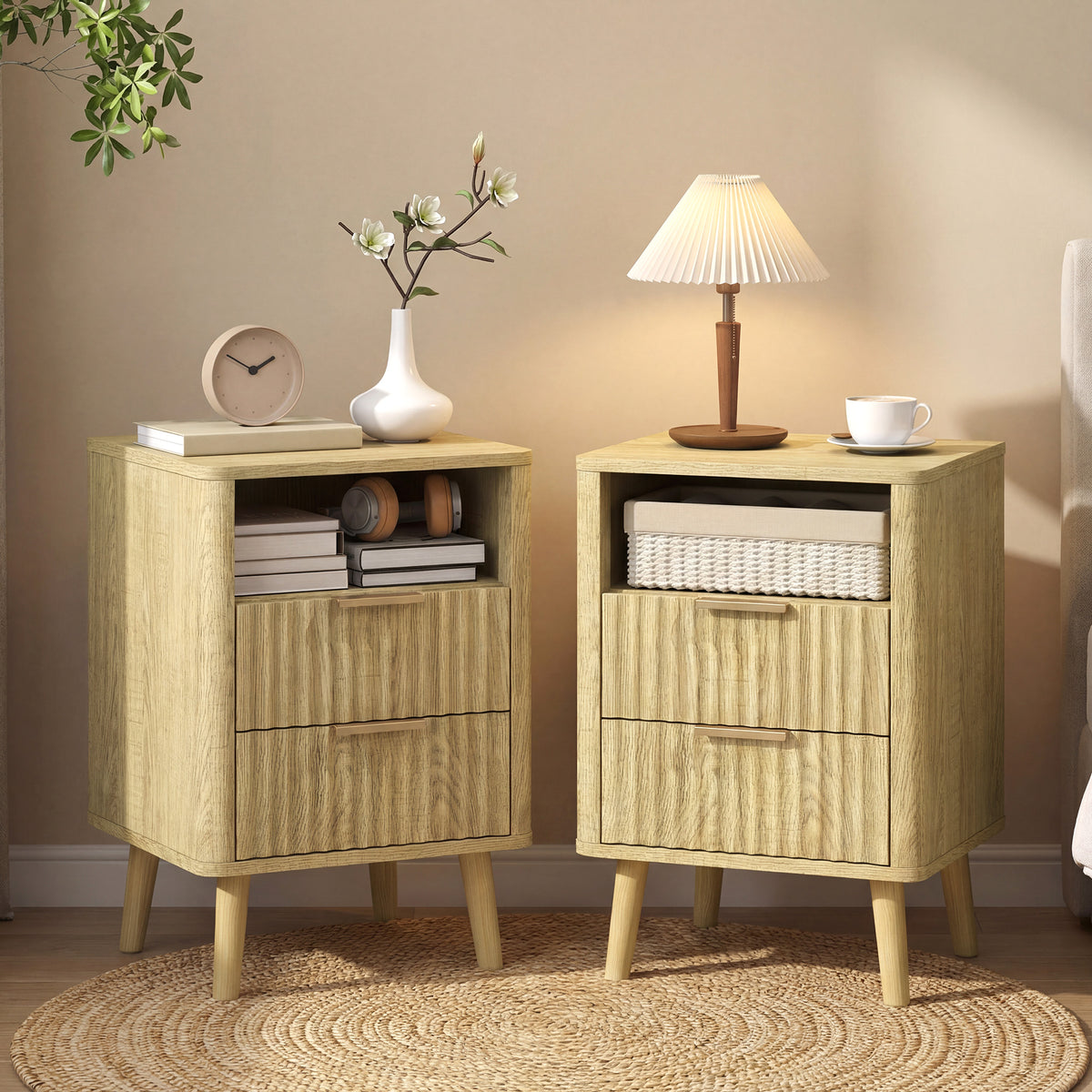 Lot de 2 tables de chevet, tables de nuit avec 2 tiroirs et compartiment ouvert, coins arrondis, 40 x 40 x 61 cm, chêne-1