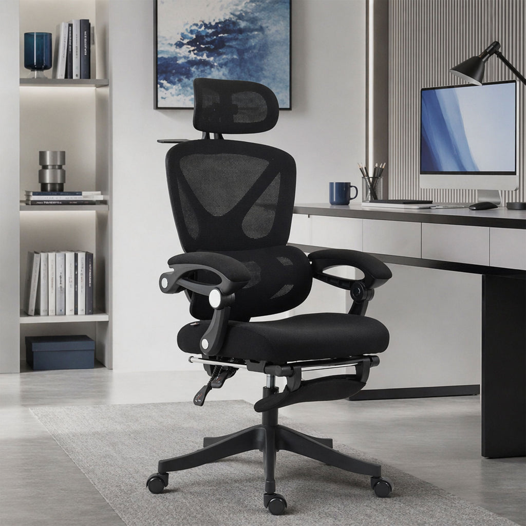 Chaise Bureau Ergonomique avec Appui-Tête Réglable, Fauteuil de Bureau Inclinable en Maille, Dossier Séparé, Noir-9