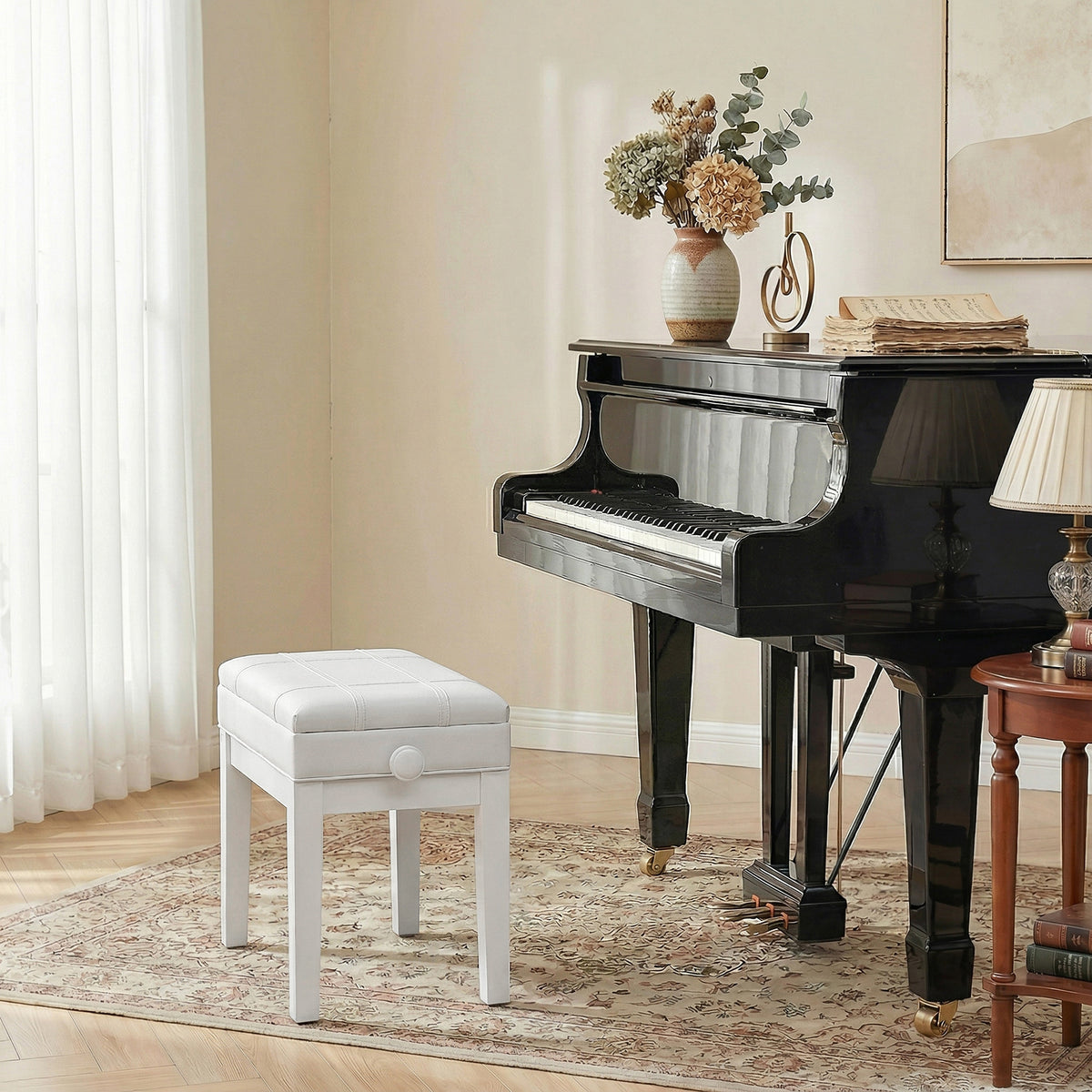 Banquette tabouret siège pour piano coffre intégré hauteur réglable bois hévéa assise revêtement synthétique blanc-1