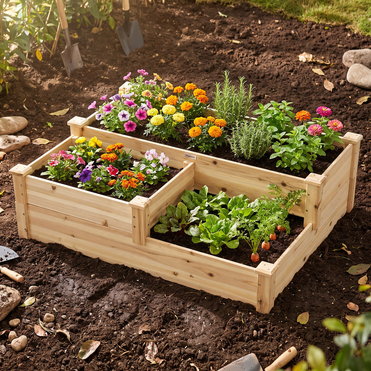 Carré potager en bois jardinière extérieure en escalier 3 niveaux design sans fond 108 x 88 x 36 cm bois naturel-7
