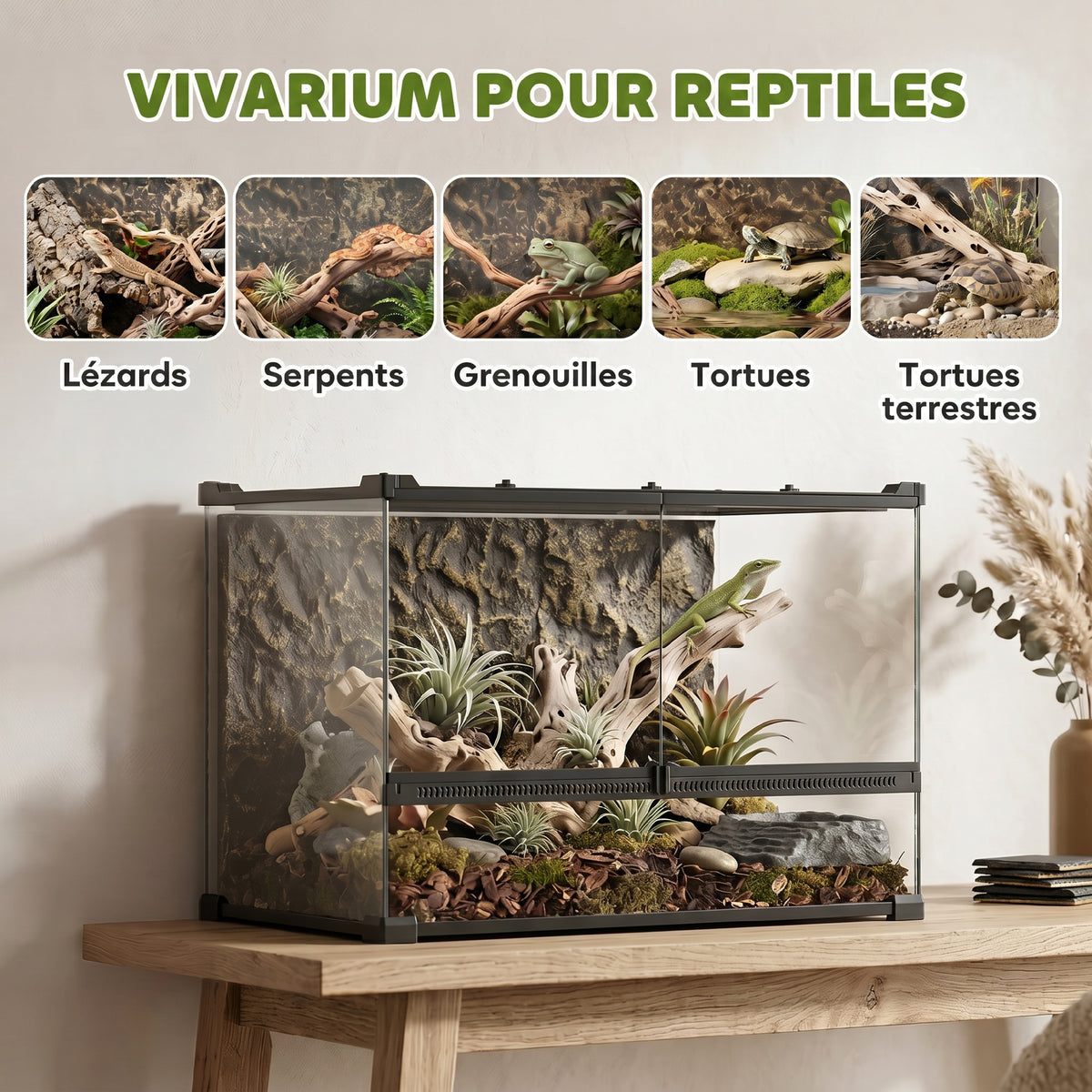 Boîte à Reptiles avec Panneau de Fond, Fermeture Sécurisée Par Rotation, Ventilation Frontale, 50x30x35cm, Noir-3